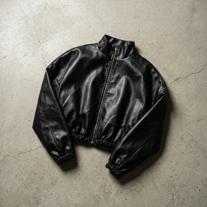 Skórzana kurtka cropped bez kołnierzyka