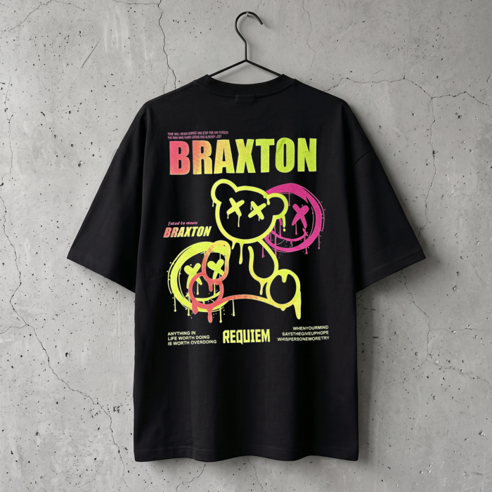 Czarny oversized T-shirt Braxton z dużym neonowym nadrukiem na plecach, tył, na wieszaku