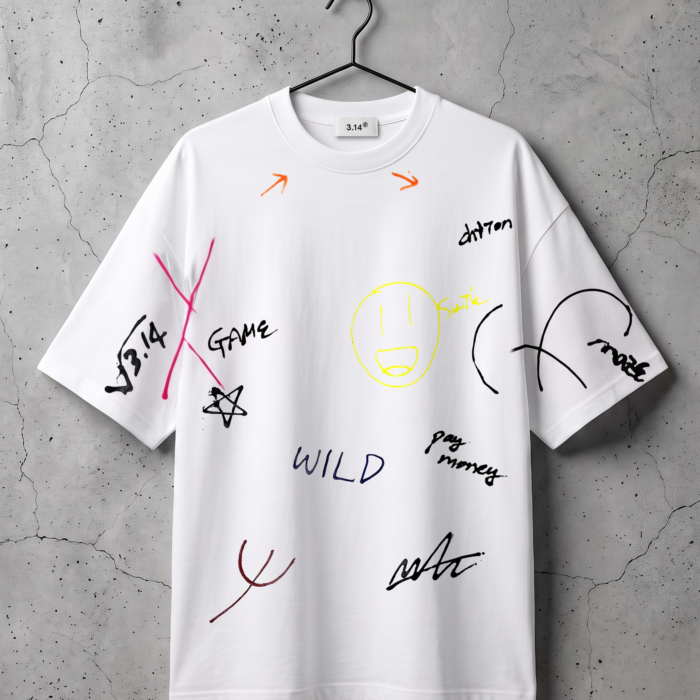 Biały oversized T-shirt z ręcznie malowanym grafitti, przód, na wieszaku