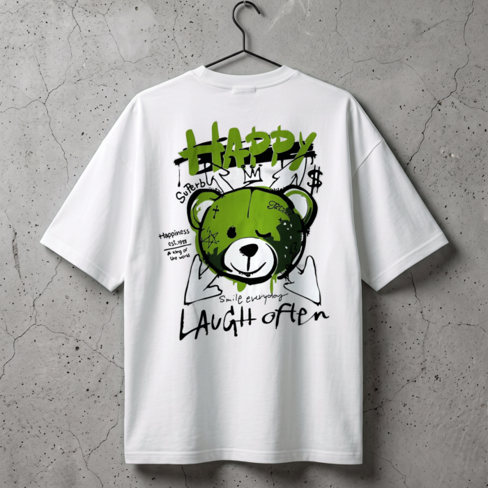 Biały oversized T-shirt Happy Bear z dużym nadrukiem zielonego misia na plecach, tył, na wieszaku