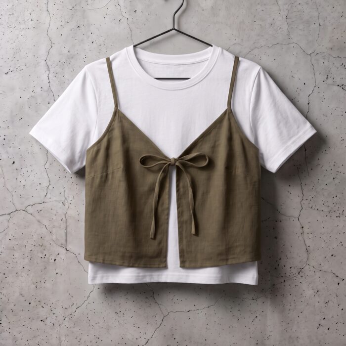 Krótki top na ramiączkach layering w kolorze khaki z kokardą, założony na białą koszulkę basic, na wieszaku