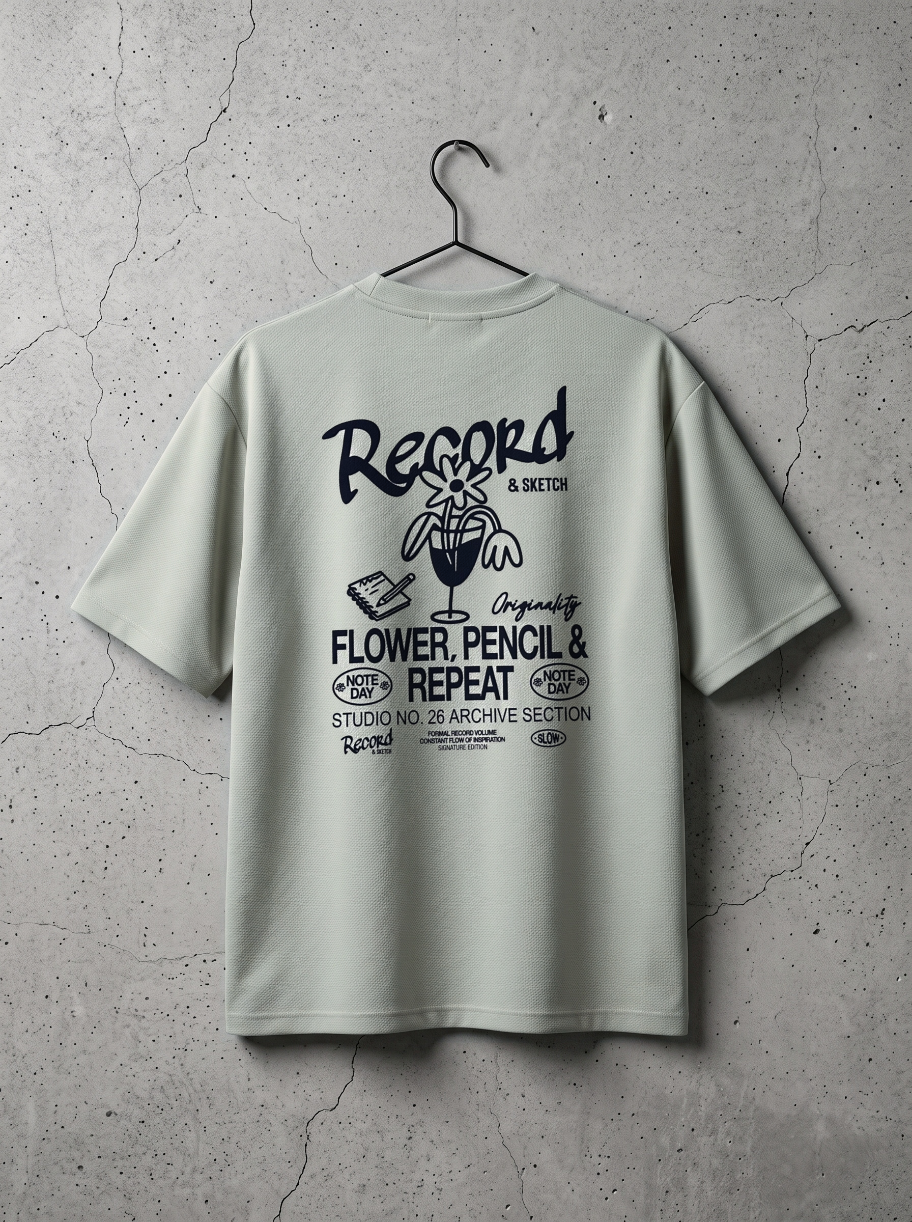 Zielony T-shirt z szybkoschnącego materiału z dużym nadrukiem Record & Sketch na plecach, tył, na wieszaku
