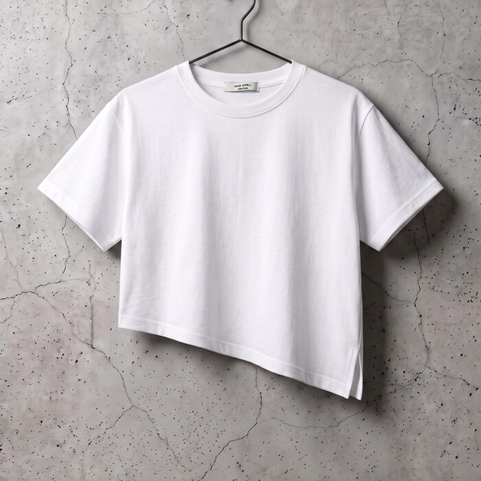 Biały asymetryczny crop top z ukośnym dołem na wieszaku na betonowej ścianie